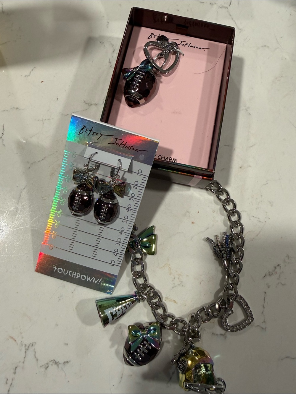 Betsey Johnson Iridescent Multi-Color Football Charm necklace, bagcharm, earri